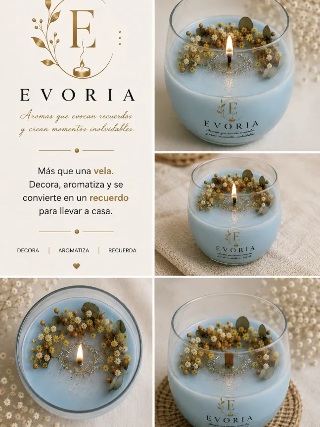 Vela Evoria celeste en vaso de vidrio decorada con flores secas